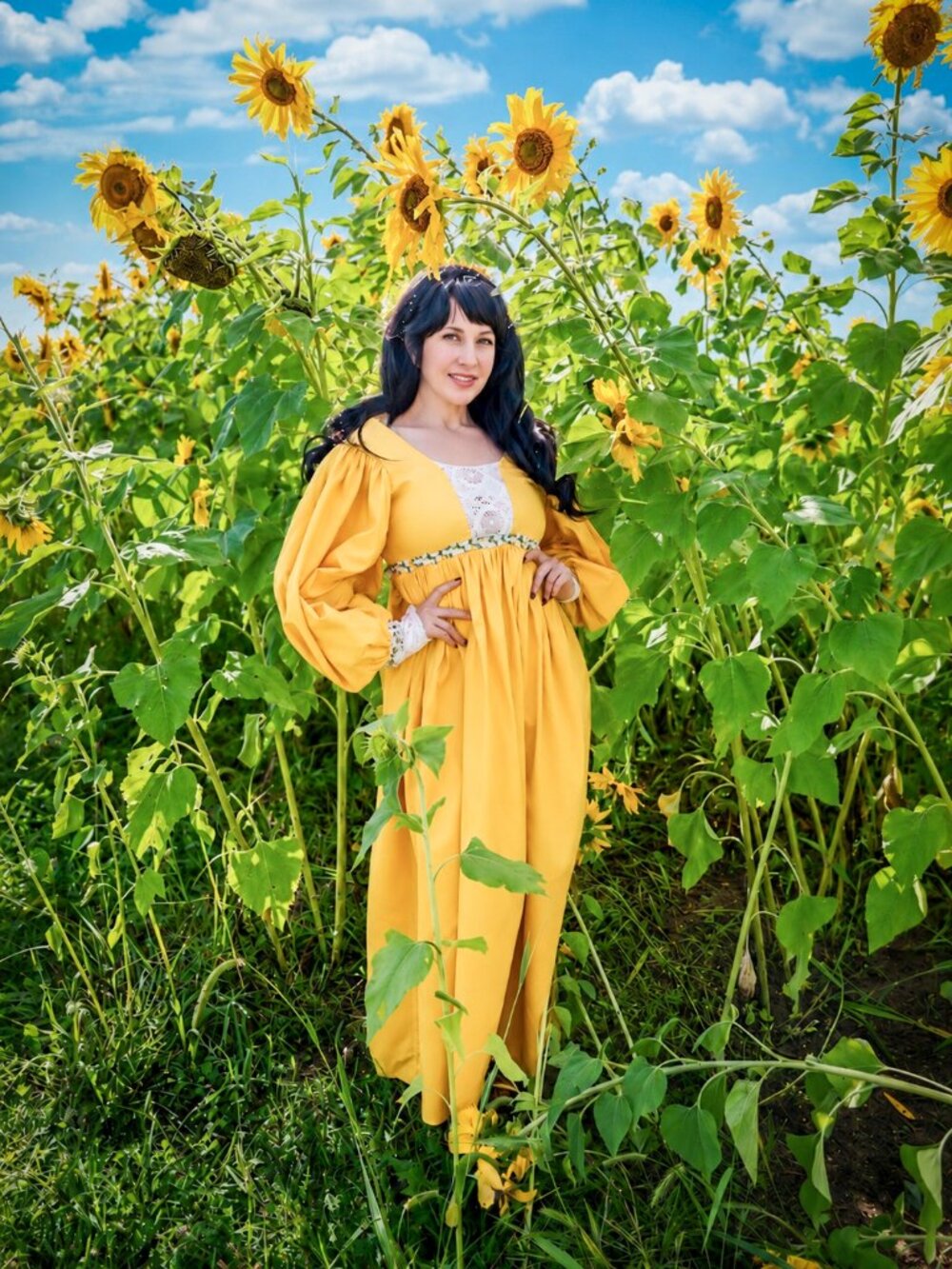 1960s Marianne Sunshine Yellow Empire Maxi Dress w/ Bishop Sleeves & Daisy Trim